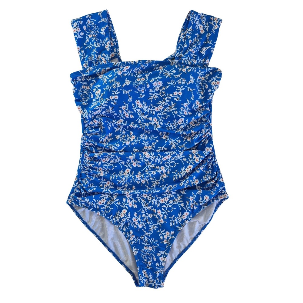 B2PRITY Blue Floral‎ One Piece Swimsuit Ruffled Ruching Tummy Control Large NWT